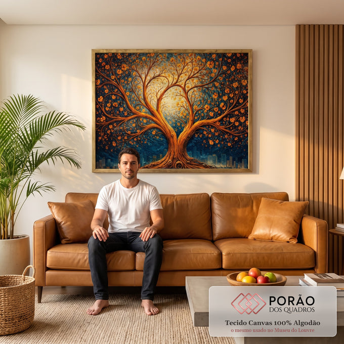 Árvore da vida laranja com flores sob céu azul em espiral e cidade noturna, quadro decorativo