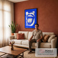 Boca aberta com língua de fora em pop art halftone azul e branco, quadro decorativo