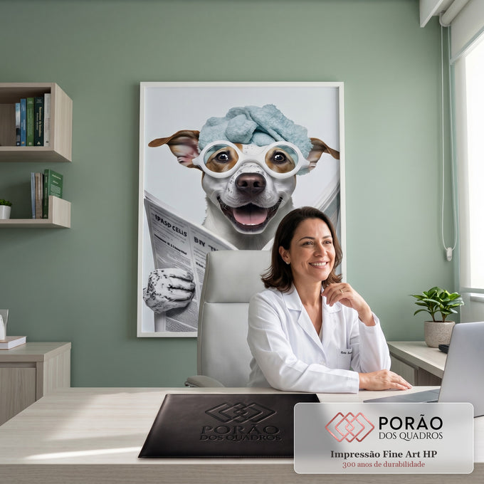 Cachorro sorridente com toalha azul na cabeça e óculos brancos lendo jornal, quadro decorativo