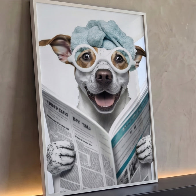 Cachorro sorridente com toalha azul na cabeça e óculos brancos lendo jornal, quadro decorativo