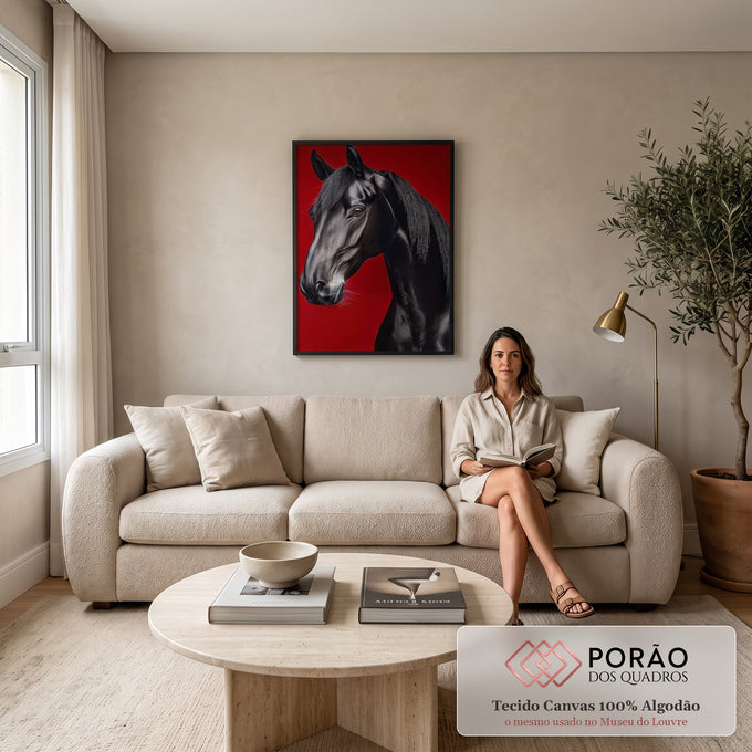 Cavalo preto de perfil com crina longa e olhar sereno sobre fundo vermelho intenso, quadro decorativo