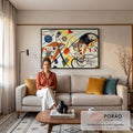 Pintura abstrata geométrica de Kandinsky com linhas pretas, círculos e formas coloridas, quadro decorativo