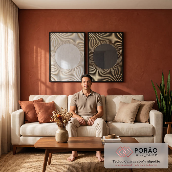 Duas telas com círculo central e linhas radiais em relevo, uma branca e outra cinza escura, quadro decorativo