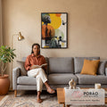 Colagem com mulher negra de turbante, figuras em P&B e círculos amarelo e laranja, quadro decorativo