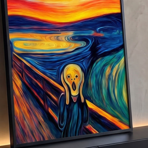 O Grito de Munch em pinceladas espiraladas azuis e céu laranja estilo Van Gogh, quadro decorativo
