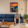O Grito de Munch em pinceladas espiraladas azuis e céu laranja estilo Van Gogh, quadro decorativo