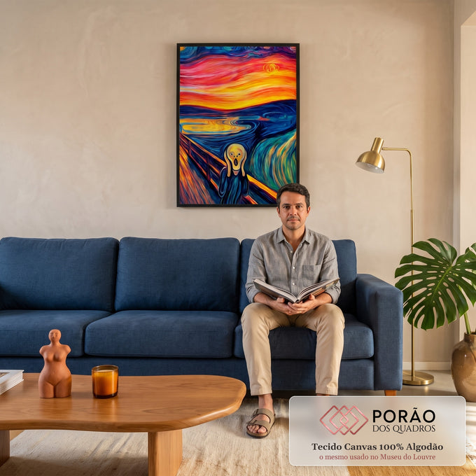 O Grito de Munch em pinceladas espiraladas azuis e céu laranja estilo Van Gogh, quadro decorativo