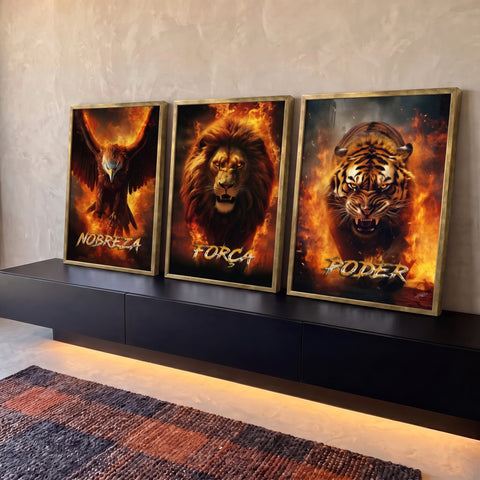Trio de telas com águia, leão e tigre em chamas e as palavras Nobreza, Força e Poder, quadro decorativo