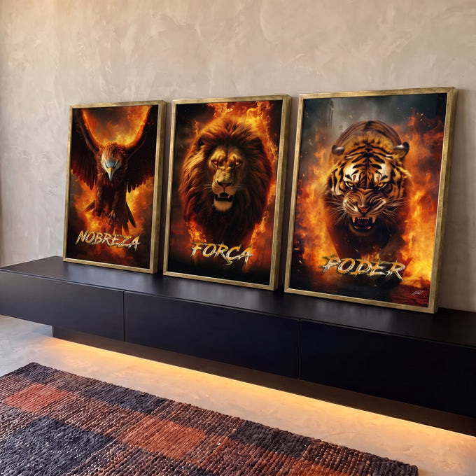 Trio de telas com águia, leão e tigre em chamas e as palavras Nobreza, Força e Poder, quadro decorativo