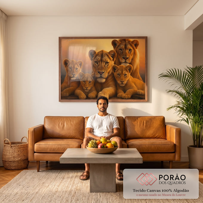 Leão, leoa e três filhotes lado a lado em tons laranja do entardecer, quadro decorativo