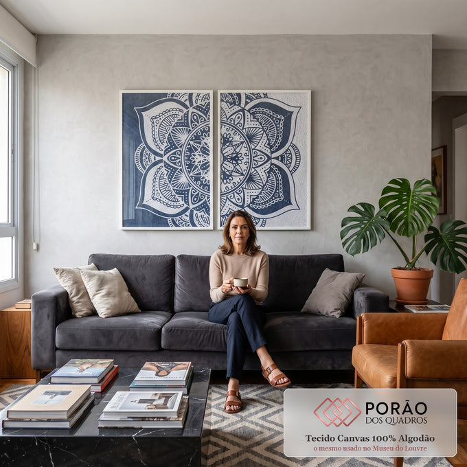 Mandala azul marinho e branca dividida em duas telas com pétalas e padrões geométricos, quadro decorativo