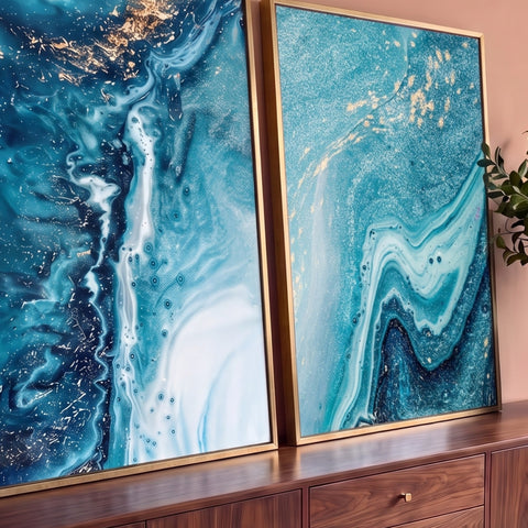 Díptico abstrato com efeito mármore fluido azul turquesa e pontos dourados, 2 telas, quadro decorativo