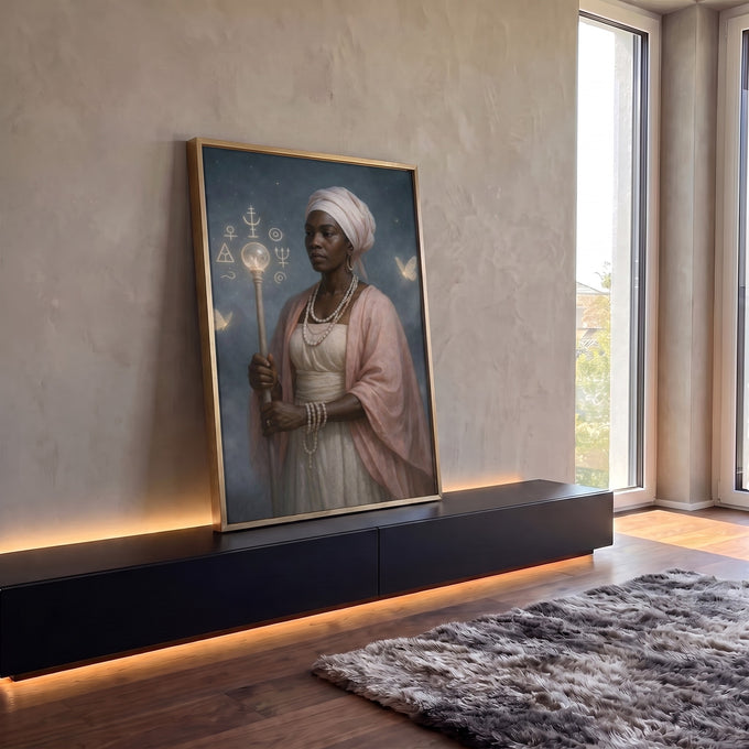 Orixá Ewá de turbante branco e xale rosa com cajado, símbolos e borboletas em fundo azul, quadro decorativo