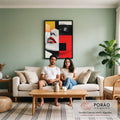 Rosto de mulher fragmentado em blocos geométricos com boca vermelha, preto e amarelo, quadro decorativo
