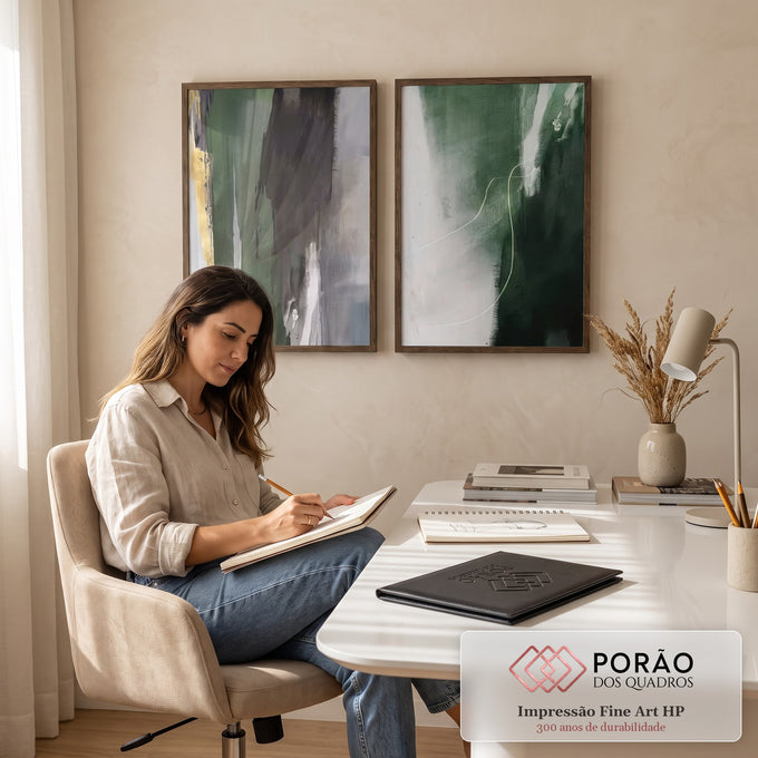 Duas telas abstratas em pinceladas verdes e cinza com faixa dourada e traço branco, quadro decorativo