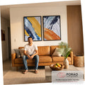 Díptico abstrato com pinceladas grossas azul, amarelo e laranja sobre fundo branco, quadro decorativo