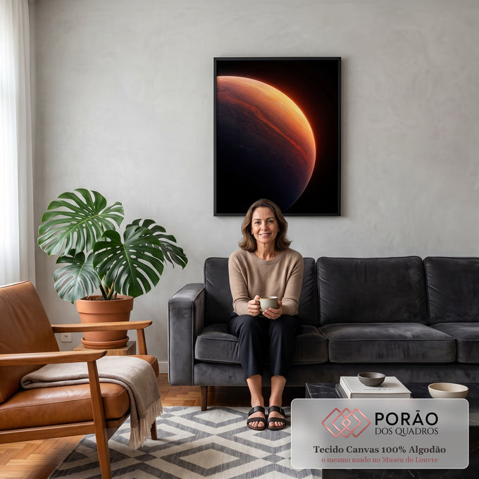 Planeta laranja com borda iluminada e superfície em veios sobre fundo preto do espaço, quadro decorativo