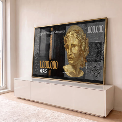 Nota de 1 milhão de reais preta com efígie da República em dourado e relevos, quadro decorativo