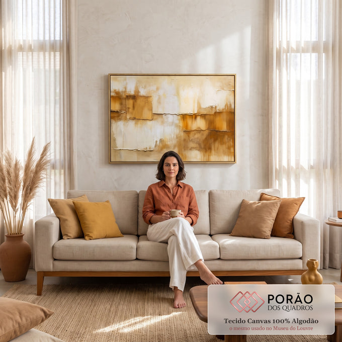 Pintura abstrata com blocos texturizados em ocre, caramelo e creme com escorridos, quadro decorativo
