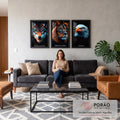 Lobo, leão e águia de olhos azuis em fundo preto com Execução, Disciplina e Foco, quadro decorativo