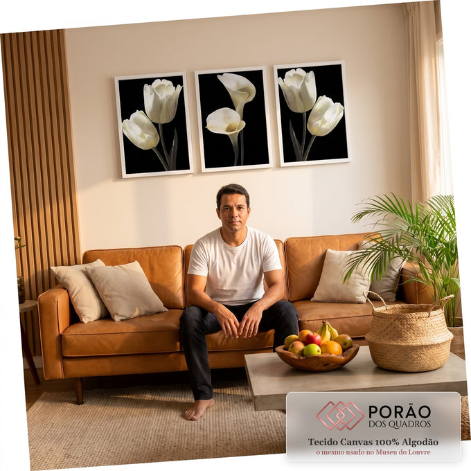 Tríptico com tulipas e copos-de-leite brancos sobre fundo preto em três telas, quadro decorativo