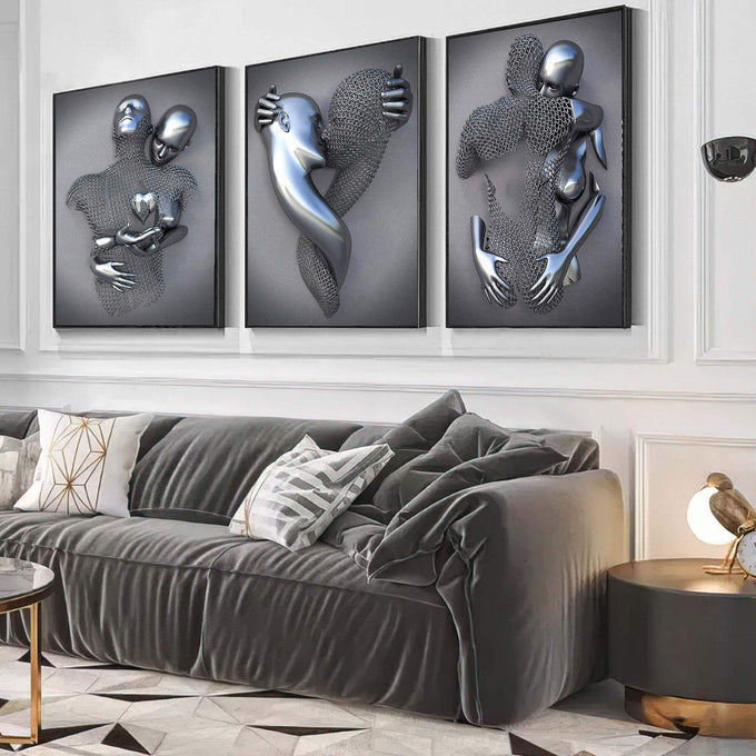Quadro Decorativo: Encantamento Metálico - Inspire-se! - quadros decorativos para sala 1 Tela Vertical, 3 Telas - em ambiente decorado