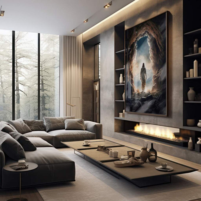 Quadro Decorativo: Luz Espiritual - Caminho de Fé - quadros decorativos 1 Tela Vertical, 3 Telas - em sala moderna