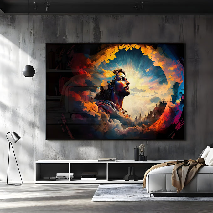 Jesus Cristo de perfil olhando o céu entre nuvens douradas e raios de luz azul, quadro decorativo
