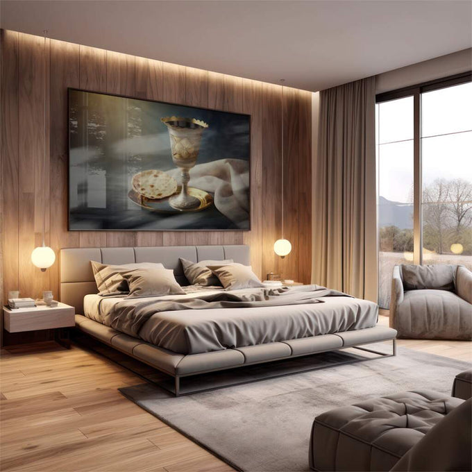 Quadro Decorativo Cena de Comunhão Sagrada: Reflexão e Fé - quadros decorativos 1 Tela, 1 Tela Horizontal - em escritorio elegante