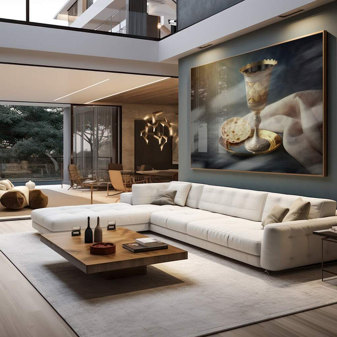 Quadro Decorativo Cena de Comunhão Sagrada: Reflexão e Fé - quadros decorativos para sala 1 Tela, 1 Tela Horizontal - em living room premium