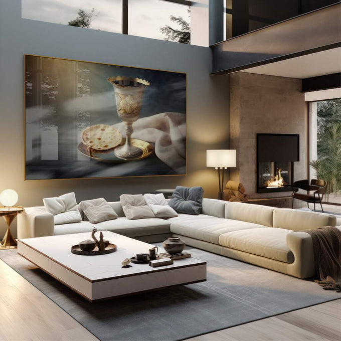 Quadro Decorativo Cena de Comunhão Sagrada: Reflexão e Fé - quadros decorativos 1 Tela, 1 Tela Horizontal - em sala moderna