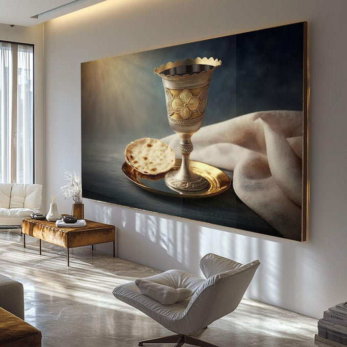 Quadro Decorativo Cena de Comunhão Sagrada: Reflexão e Fé - quadros decorativos para sala 1 Tela, 1 Tela Horizontal - em ambiente decorado