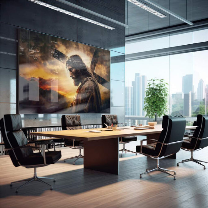 Quadro Decorativo Sagrada Esperança: Crucificação ao Entardecer - quadros decorativos para sala 1 Tela, 1 Tela Horizontal - em quarto contemporaneo