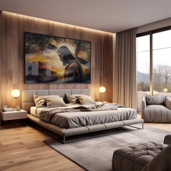 Quadro Decorativo Sagrada Esperança: Crucificação ao Entardecer - quadros decorativos 1 Tela, 1 Tela Horizontal - em escritorio elegante