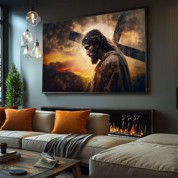 Quadro Decorativo Sagrada Esperança: Crucificação ao Entardecer - quadros decorativos para sala 1 Tela, 1 Tela Horizontal - em ambiente decorado