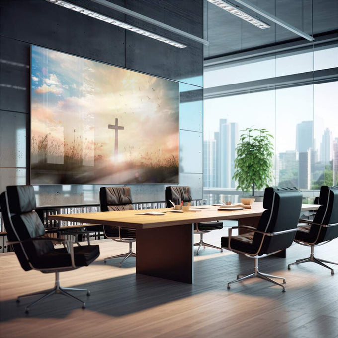 Quadro Decorativo Cruz no Campo - Aura de Paz ao Entardecer - quadros decorativos para sala 1 Tela, 1 Tela Horizontal - em quarto contemporaneo