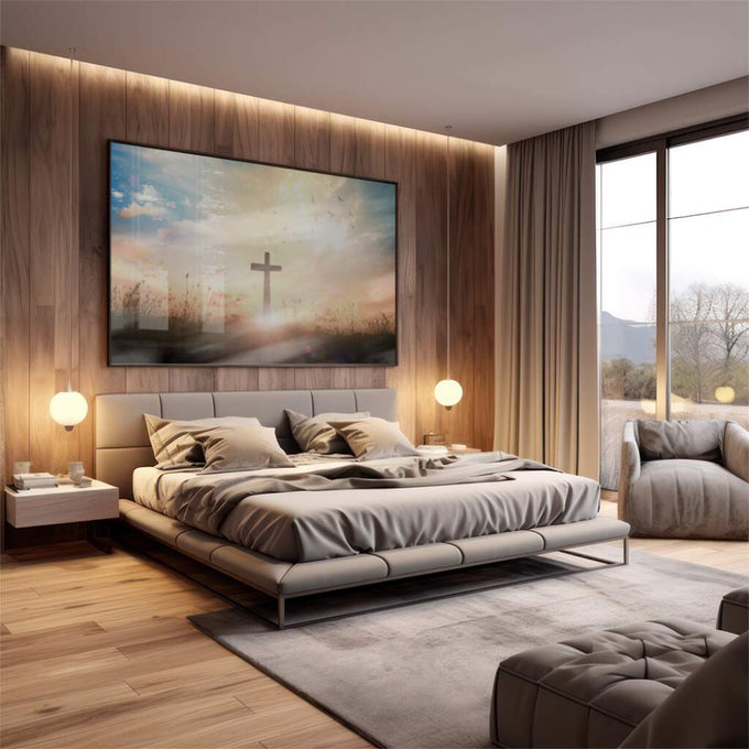 Quadro Decorativo Cruz no Campo - Aura de Paz ao Entardecer - quadros decorativos 1 Tela, 1 Tela Horizontal - em escritorio elegante