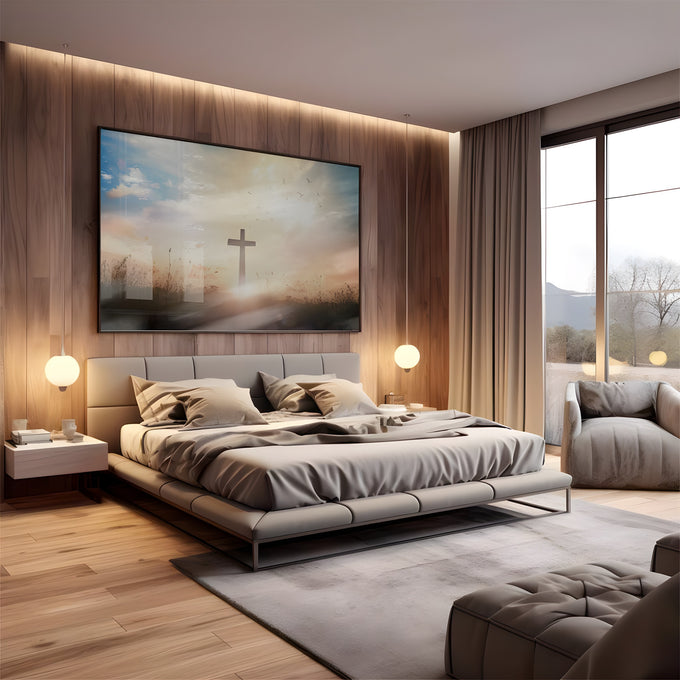 Cruz em silhueta num campo ao amanhecer com pássaros voando e céu dourado, quadro decorativo