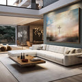 Quadro Decorativo Cruz no Campo - Aura de Paz ao Entardecer - quadros decorativos para sala 1 Tela, 1 Tela Horizontal - em living room premium