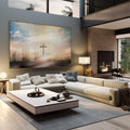 Quadro Decorativo Cruz no Campo - Aura de Paz ao Entardecer - quadros decorativos 1 Tela, 1 Tela Horizontal - em sala moderna
