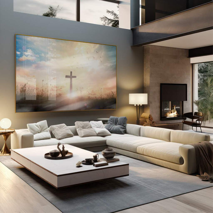 Quadro Decorativo Cruz no Campo - Aura de Paz ao Entardecer - quadros decorativos 1 Tela, 1 Tela Horizontal - em sala moderna