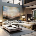 Cruz em silhueta num campo ao amanhecer com pássaros voando e céu dourado, quadro decorativo