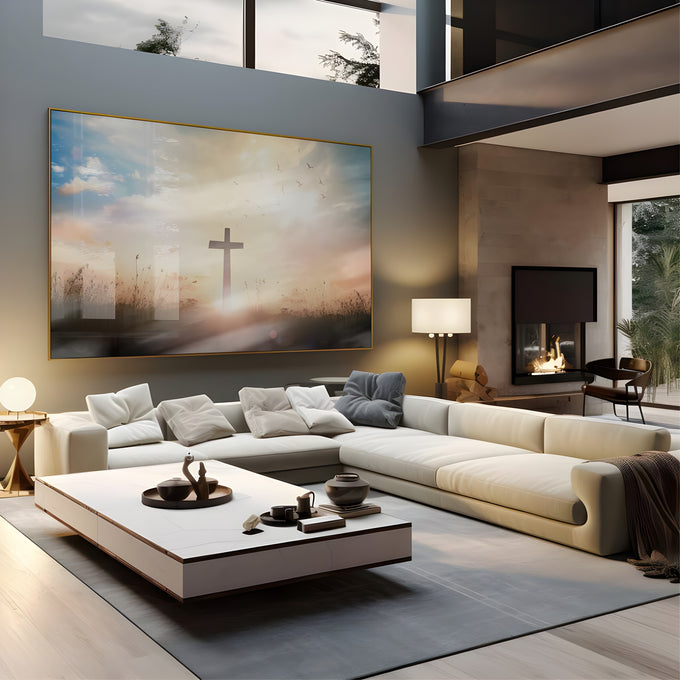 Cruz em silhueta num campo ao amanhecer com pássaros voando e céu dourado, quadro decorativo