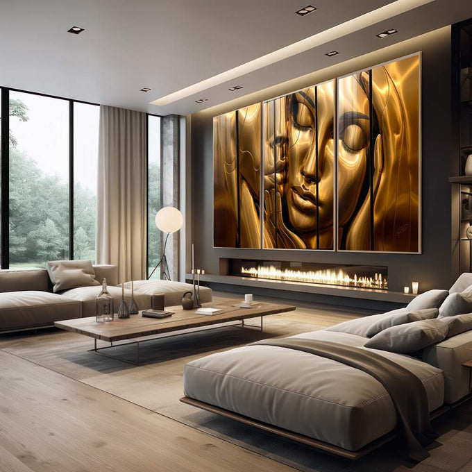 Quadro Decorativo: Silhuetas Douradas Femininas - quadros decorativos para sala 1 Tela Vertical, 3 Telas - em quarto contemporaneo