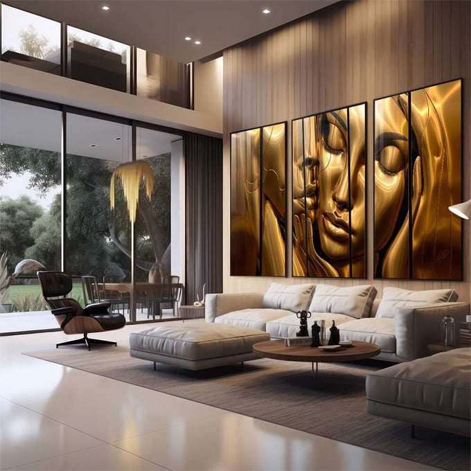 Quadro Decorativo: Silhuetas Douradas Femininas - quadros decorativos 1 Tela Vertical, 3 Telas - em sala moderna