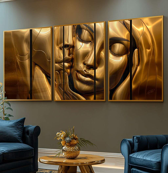 Quadro Decorativo: Silhuetas Douradas Femininas - quadros decorativos para sala 1 Tela Vertical, 3 Telas - em ambiente decorado