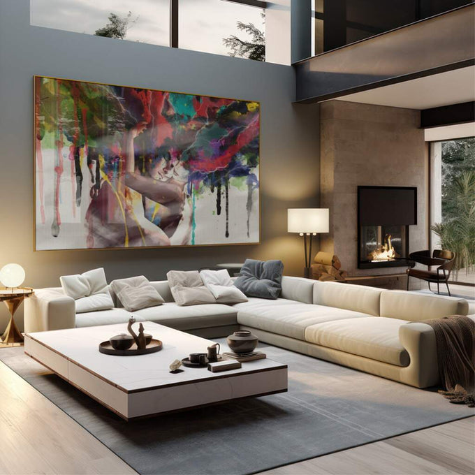 Quadro Decorativo Abraço Colorido: Paixão e Amor - quadros decorativos 1 Tela, 1 Tela Horizontal - em sala moderna