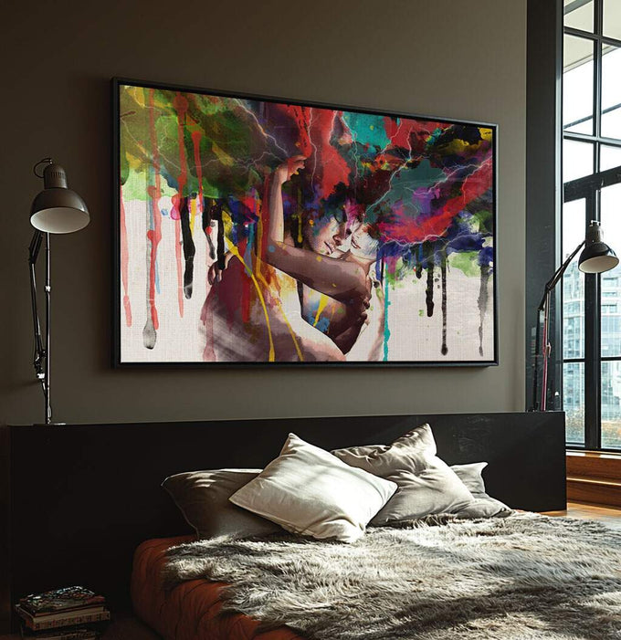 Quadro Decorativo Abraço Colorido: Paixão e Amor - quadros decorativos para sala 1 Tela, 1 Tela Horizontal - em ambiente decorado