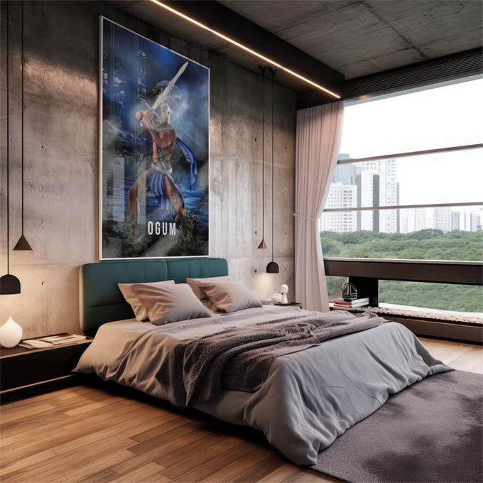 Quadro Decorativo Guerreiro Ogum ao Luar - Imponência Noturna - quadros decorativos 1 Tela Vertical, 3 Telas - em sala moderna