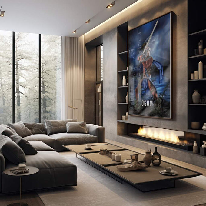 Quadro Decorativo Guerreiro Ogum ao Luar - Imponência Noturna - quadros decorativos 1 Tela Vertical, 3 Telas - em escritorio elegante